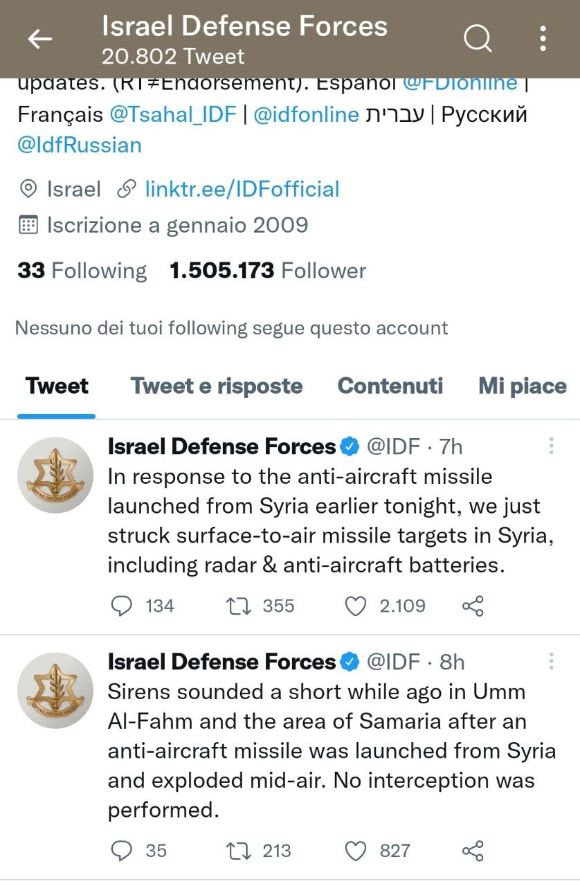 Tweet della Israel Defense Forces in merito al Raid della notte scorsa