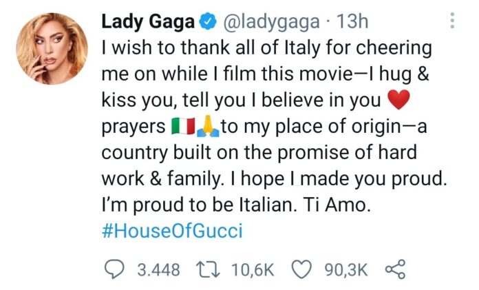 Lady Gaga dal set House of Gucci
